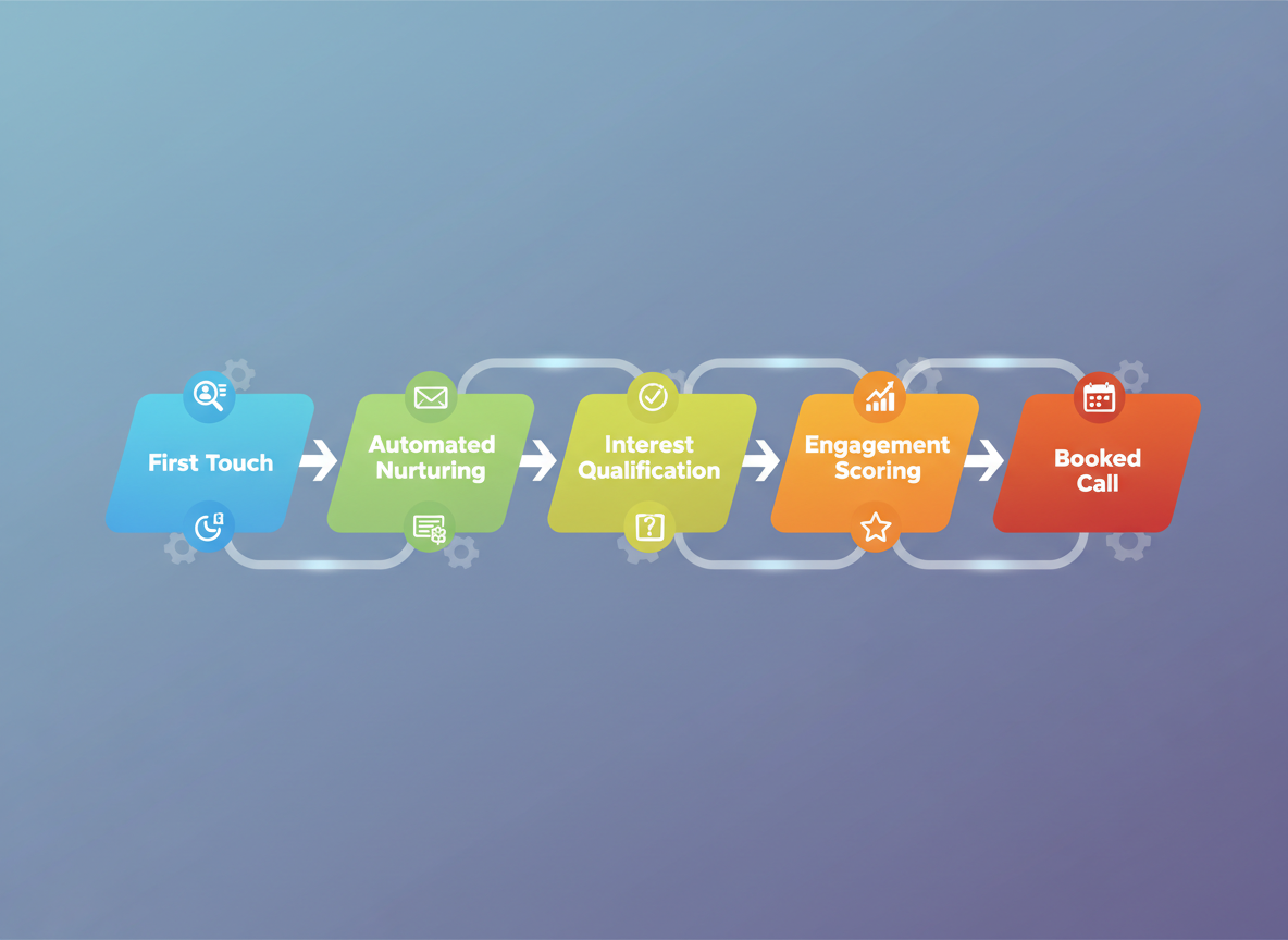 Lead pipeline stages: First Touch, Automated Nurturing, Interest Qualification, Engagement Scoring, Booked Call