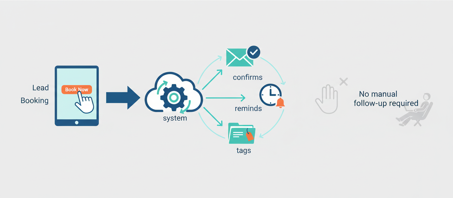 Booked-call workflow: lead booking triggers system to confirm, remind, and tag automatically