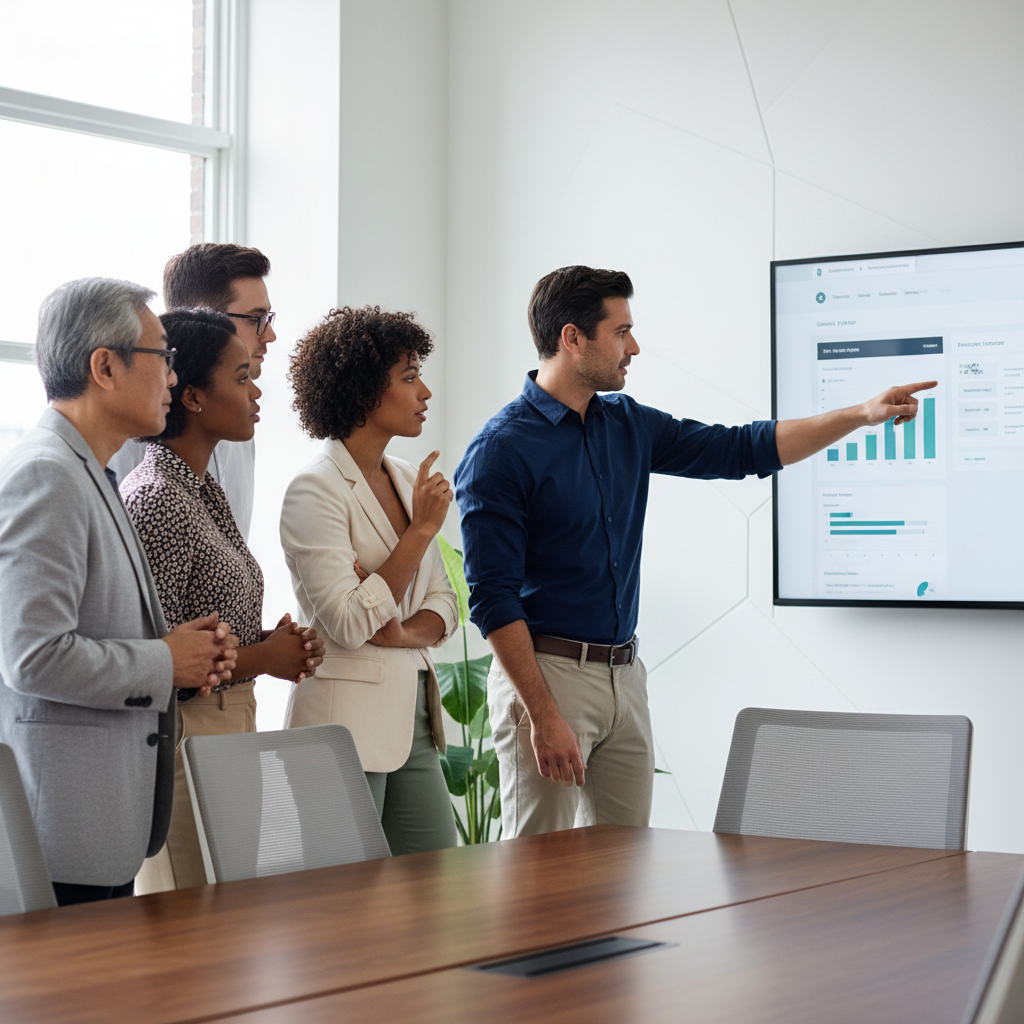 Team reviewing website analytics on a large screen