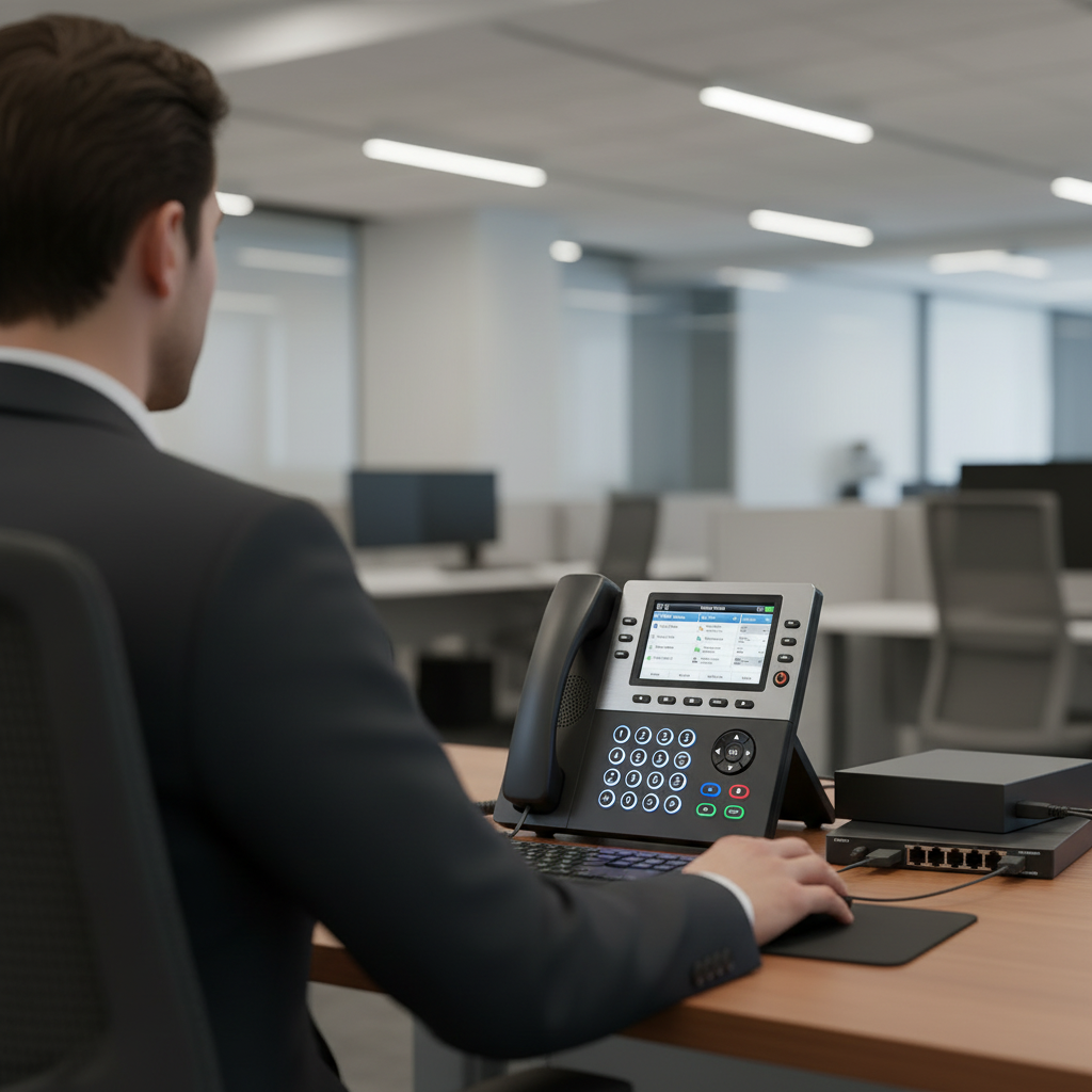 Modern desk phone in a clean office setting