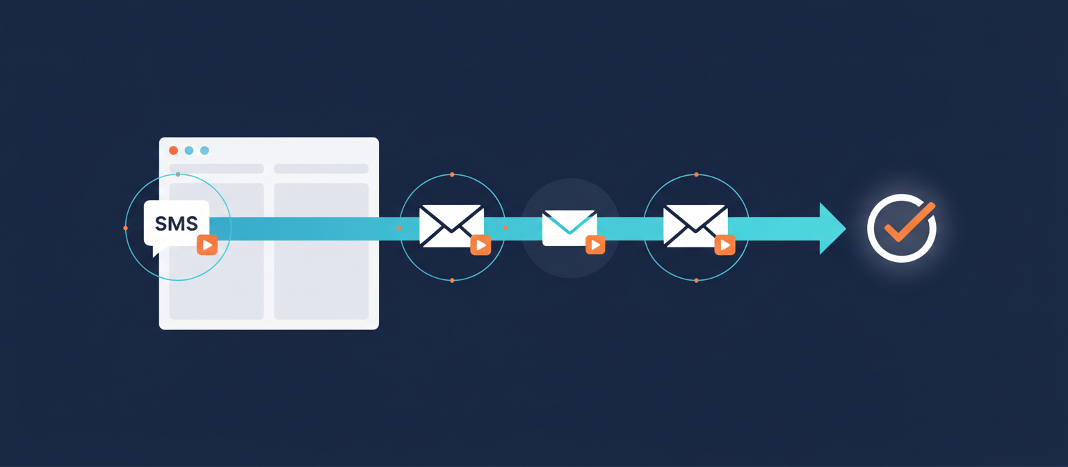 SMS and email outreach sequence flowing to a completed checkmark